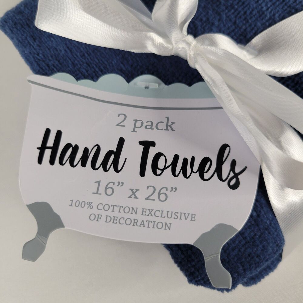 Set 2 Blue Bathroom Hand Towels Beach Embroidered Gold Starfish Shells Nautical - Picture 9 of 11